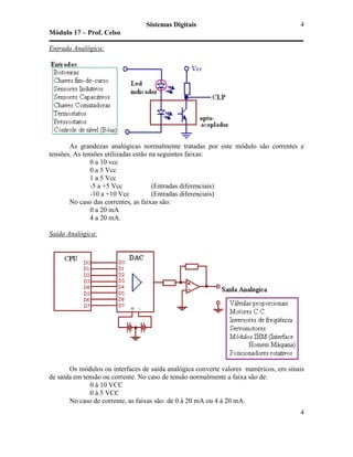 Sistemas Digitais
Módulo 17 – Prof. Celso
4
4
Entrada Analógica:
As grandezas analógicas normalmente tratadas por este módulo são correntes e
tensões. As tensões utilizadas estão na seguintes faixas:
0 a 10 vcc
0 a 5 Vcc
1 a 5 Vcc
-5 a +5 Vcc (Entradas diferenciais)
-10 a +10 Vcc (Entradas diferenciais)
No caso das correntes, as faixas são:
0 a 20 mA
4 a 20 mA.
Saída Analógica:
Os módulos ou interfaces de saída analógica converte valores numéricos, em sinais
de saída em tensão ou corrente. No caso de tensão normalmente a faixa são de:
0 à 10 VCC
0 à 5 VCC
No caso de corrente, as faixas são: de 0 à 20 mA ou 4 à 20 mA.
 