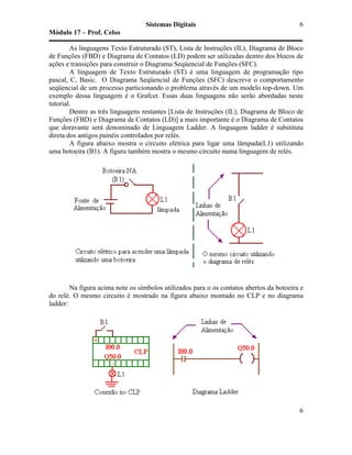 Sistemas Digitais
Módulo 17 – Prof. Celso
6
6
As linguagens Texto Estruturado (ST), Lista de Instruções (IL), Diagrama de Bloco
de Funções (FBD) e Diagrama de Contatos (LD) podem ser utilizadas dentro dos blocos de
ações e transições para construir o Diagrama Seqüencial de Funções (SFC).
A linguagem de Texto Estruturado (ST) é uma linguagem de programação tipo
pascal, C, Basic. O Diagrama Seqüencial de Funções (SFC) descreve o comportamento
seqüencial de um processo particionando o problema através de um modelo top-down. Um
exemplo dessa linguagem é o Grafcet. Essas duas linguagens não serão abordadas neste
tutorial.
Dentre as três linguagens restantes [Lista de Instruções (IL), Diagrama de Bloco de
Funções (FBD) e Diagrama de Contatos (LD)] a mais importante é o Diagrama de Contatos
que doravante será denominado de Linguagem Ladder. A linguagem ladder é substituta
direta dos antigos painéis controlados por relés.
A figura abaixo mostra o circuito elétrica para ligar uma lâmpada(L1) utilizando
uma botoeira (B1). A figura também mostra o mesmo circuito numa linguagem de relés.
Na figura acima note os símbolos utilizados para o os contatos abertos da botoeira e
do relé. O mesmo circuito é mostrado na figura abaixo montado no CLP e no diagrama
ladder:
 