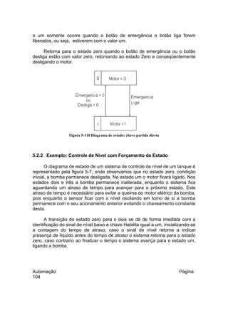 o um somente ocorre quando o botão de emergência e botão liga forem
liberados, ou seja, estiverem com o valor um.
Retorna para o estado zero quando o botão de emergência ou o botão
desliga estão com valor zero, retornando ao estado Zero e conseqüentemente
desligando o motor.

Figura 5-110 Diagrama de estado: chave partida direta

5.2.2 Exemplo: Controle de Nível com Forçamento de Estado
O diagrama de estado de um sistema de controle de nível de um tanque é
representado pela figura 5-7, onde observamos que no estado zero, condição
inicial, a bomba permanece desligada. No estado um o motor ficará ligado. Nos
estados dois e três a bomba permanece inalterada, enquanto o sistema fica
aguardando um atraso de tempo para avançar para o próximo estado. Este
atraso de tempo é necessário para evitar a queima do motor elétrico da bomba,
pois enquanto o sensor ficar com o nível oscilando em torno de si a bomba
permanece com o seu acionamento anterior evitando o chaveamento constante
desta.
A transição do estado zero para o dois se dá de forma imediata com a
identificação do sinal de nível baixo e chave Habilita igual a um, inicializando-se
a contagem do tempo de atraso, caso o sinal de nível retorne a indicar
presença de líquido antes do tempo de atraso o sistema retorna para o estado
zero, caso contrario ao finalizar o tempo o sistema avança para o estado um,
ligando a bomba.

Automação
104

Página:

 