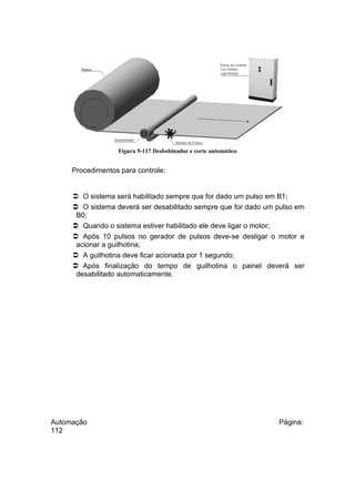 Figura 5-117 Desbobinador e corte automático

Procedimentos para controle:

 O sistema será habilitado sempre que for dado um pulso em B1;
 O sistema deverá ser desabilitado sempre que for dado um pulso em
B0;
 Quando o sistema estiver habilitado ele deve ligar o motor;
 Após 10 pulsos no gerador de pulsos deve-se desligar o motor e
acionar a guilhotina;
 A guilhotina deve ficar acionada por 1 segundo;
 Após finalização do tempo de guilhotina o painel deverá ser
desabilitado automaticamente.

Automação
112

Página:

 