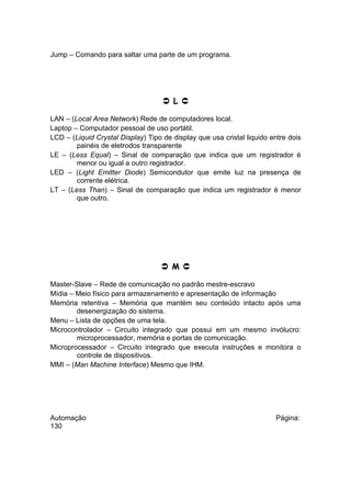 Jump – Comando para saltar uma parte de um programa.

 L 
LAN – (Local Area Network) Rede de computadores local.
Laptop – Computador pessoal de uso portátil.
LCD – (Liquid Crystal Display) Tipo de display que usa cristal liquido entre dois
painéis de eletrodos transparente
LE – (Less Equal) – Sinal de comparação que indica que um registrador é
menor ou igual a outro registrador.
LED – (Light Emitter Diode) Semicondutor que emite luz na presença de
corrente elétrica.
LT – (Less Than) – Sinal de comparação que indica um registrador é menor
que outro.

 M 
Master-Slave – Rede de comunicação no padrão mestre-escravo
Mídia – Meio físico para armazenamento e apresentação de informação
Memória retentiva – Memória que mantém seu conteúdo intacto após uma
desenergização do sistema.
Menu – Lista de opções de uma tela.
Microcontrolador – Circuito integrado que possui em um mesmo invólucro:
microprocessador, memória e portas de comunicação.
Microprocessador – Circuito integrado que executa instruções e monitora o
controle de dispositivos.
MMI – (Man Machine Interface) Mesmo que IHM.

Automação
130

Página:

 