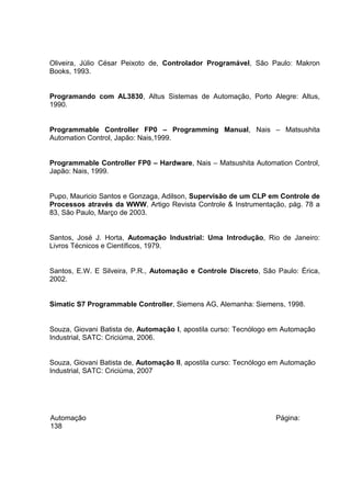 Oliveira, Júlio César Peixoto de, Controlador Programável, São Paulo: Makron
Books, 1993.
Programando com AL3830, Altus Sistemas de Automação, Porto Alegre: Altus,
1990.
Programmable Controller FP0 – Programming Manual, Nais – Matsushita
Automation Control, Japão: Nais,1999.
Programmable Controller FP0 – Hardware, Nais – Matsushita Automation Control,
Japão: Nais, 1999.
Pupo, Mauricio Santos e Gonzaga, Adilson, Supervisão de um CLP em Controle de
Processos através da WWW, Artigo Revista Controle & Instrumentação, pág. 78 a
83, São Paulo, Março de 2003.
Santos, José J. Horta, Automação Industrial: Uma Introdução, Rio de Janeiro:
Livros Técnicos e Científicos, 1979.
Santos, E.W. E Silveira, P.R., Automação e Controle Discreto, São Paulo: Érica,
2002.
Simatic S7 Programmable Controller, Siemens AG, Alemanha: Siemens, 1998.
Souza, Giovani Batista de, Automação I, apostila curso: Tecnólogo em Automação
Industrial, SATC: Criciúma, 2006.
Souza, Giovani Batista de, Automação II, apostila curso: Tecnólogo em Automação
Industrial, SATC: Criciúma, 2007

Automação
138

Página:

 