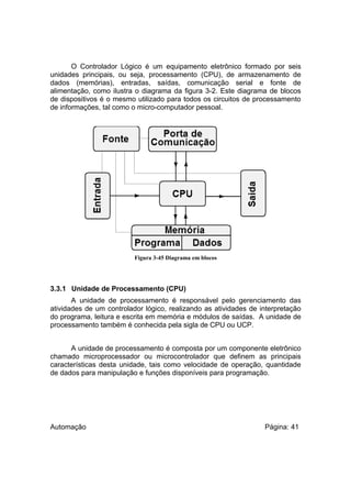 O Controlador Lógico é um equipamento eletrônico formado por seis
unidades principais, ou seja, processamento (CPU), de armazenamento de
dados (memórias), entradas, saídas, comunicação serial e fonte de
alimentação, como ilustra o diagrama da figura 3-2. Este diagrama de blocos
de dispositivos é o mesmo utilizado para todos os circuitos de processamento
de informações, tal como o micro-computador pessoal.

Figura 3-45 Diagrama em blocos

3.3.1 Unidade de Processamento (CPU)
A unidade de processamento é responsável pelo gerenciamento das
atividades de um controlador lógico, realizando as atividades de interpretação
do programa, leitura e escrita em memória e módulos de saídas. A unidade de
processamento também é conhecida pela sigla de CPU ou UCP.
A unidade de processamento é composta por um componente eletrônico
chamado microprocessador ou microcontrolador que definem as principais
características desta unidade, tais como velocidade de operação, quantidade
de dados para manipulação e funções disponíveis para programação.

Automação

Página: 41

 