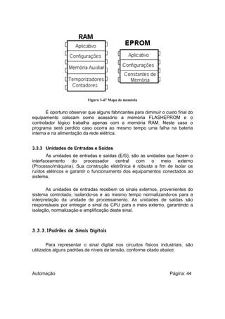 Figura 3-47 Mapa de memória

É oportuno observar que alguns fabricantes para diminuir o custo final do
equipamento colocam como acessório a memória FLASHEPROM e o
controlador lógico trabalha apenas com a memória RAM. Neste caso o
programa será perdido caso ocorra ao mesmo tempo uma falha na bateria
interna e na alimentação da rede elétrica.
3.3.3 Unidades de Entradas e Saídas
As unidades de entradas e saídas (E/S), são as unidades que fazem o
interfaceamento
do
processador
central
com
o
meio
externo
(Processo/máquina). Sua construção eletrônica é robusta a fim de isolar os
ruídos elétricos e garantir o funcionamento dos equipamentos conectados ao
sistema.
As unidades de entradas recebem os sinais externos, provenientes do
sistema controlado, isolando-os e ao mesmo tempo normalizando-os para a
interpretação da unidade de processamento. As unidades de saídas são
responsáveis por entregar o sinal da CPU para o meio externo, garantindo a
isolação, normalização e amplificação deste sinal.

3.3.3.1Padrões de Sinais Digitais
Para representar o sinal digital nos circuitos físicos industriais, são
utilizados alguns padrões de níveis de tensão, conforme citado abaixo:

Automação

Página: 44

 
