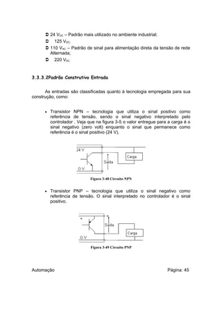  24 VDC – Padrão mais utilizado no ambiente industrial;
 125 VDC;
 110 VAC – Padrão de sinal para alimentação direta da tensão de rede
Alternada;
 220 VAC.

3.3.3.2Padrão Construtivo Entrada
As entradas são classificadas quanto à tecnologia empregada para sua
construção, como:
•

Transistor NPN – tecnologia que utiliza o sinal positivo como
referência de tensão, sendo o sinal negativo interpretado pelo
controlador . Veja que na figura 3-5 o valor entregue para a carga é o
sinal negativo (zero volt) enquanto o sinal que permanece como
referência é o sinal positivo (24 V).

Figura 3-48 Circuito NPN
•

Transistor PNP – tecnologia que utiliza o sinal negativo como
referência de tensão. O sinal interpretado no controlador é o sinal
positivo.

Figura 3-49 Circuito PNP

Automação

Página: 45

 