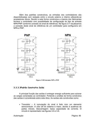 Além dos padrões construtivos, as entradas dos controladores são
disponibilizadas com isolação entre o circuito externo e interno utilizando-se
acopladores óticos. Devido a esta forma construtiva a maioria dos fabricantes
fornece o controlador com possibilidade de configuração do tipo de entrada
NPN-PNP conforme conexão do sinal de referência. Na figura 3-7 visualizamos
a conexão deste sinal de referência de um controlador para configurá-lo em
NPN e PNP.

Figura 3-50 Entradas NPN e PNP

3.3.3.3Padrão Construtivo Saída
A principal função das saídas é entregar energia suficiente para acionar
as cargas conectadas ao controlador. Portando a análise da forma construtiva
das saídas é considerada sobre esta ótica. As saídas são construídas como:
•

Transistor – A comutação do sinal é feito com um elemento
semicondutor. A vida útil do sistema é maior, devido à ausência de
partes móveis. Desvantagem: baixa capacidade de corrente. O
circuito é representado nas figuras 3-5 e 3-6.

Automação

Página: 46

 
