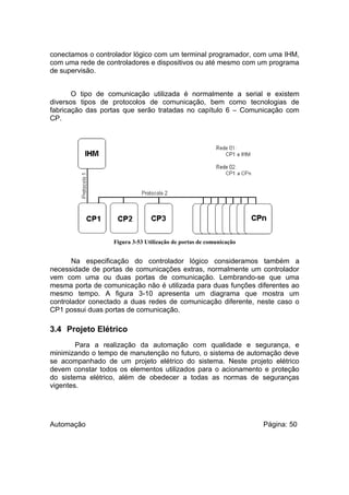conectamos o controlador lógico com um terminal programador, com uma IHM,
com uma rede de controladores e dispositivos ou até mesmo com um programa
de supervisão.
O tipo de comunicação utilizada é normalmente a serial e existem
diversos tipos de protocolos de comunicação, bem como tecnologias de
fabricação das portas que serão tratadas no capítulo 6 – Comunicação com
CP.

Figura 3-53 Utilização de portas de comunicação

Na especificação do controlador lógico consideramos também a
necessidade de portas de comunicações extras, normalmente um controlador
vem com uma ou duas portas de comunicação. Lembrando-se que uma
mesma porta de comunicação não é utilizada para duas funções diferentes ao
mesmo tempo. A figura 3-10 apresenta um diagrama que mostra um
controlador conectado a duas redes de comunicação diferente, neste caso o
CP1 possui duas portas de comunicação.

3.4 Projeto Elétrico
Para a realização da automação com qualidade e segurança, e
minimizando o tempo de manutenção no futuro, o sistema de automação deve
se acompanhado de um projeto elétrico do sistema. Neste projeto elétrico
devem constar todos os elementos utilizados para o acionamento e proteção
do sistema elétrico, além de obedecer a todas as normas de seguranças
vigentes.

Automação

Página: 50

 