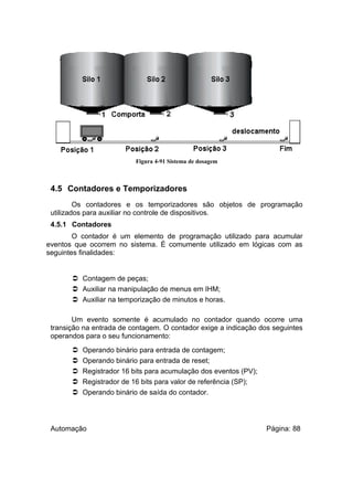 Figura 4-91 Sistema de dosagem

4.5 Contadores e Temporizadores
Os contadores e os temporizadores são objetos de programação
utilizados para auxiliar no controle de dispositivos.
4.5.1 Contadores
O contador é um elemento de programação utilizado para acumular
eventos que ocorrem no sistema. É comumente utilizado em lógicas com as
seguintes finalidades:

 Contagem de peças;
 Auxiliar na manipulação de menus em IHM;
 Auxiliar na temporização de minutos e horas.
Um evento somente é acumulado no contador quando ocorre uma
transição na entrada de contagem. O contador exige a indicação dos seguintes
operandos para o seu funcionamento:






Operando binário para entrada de contagem;
Operando binário para entrada de reset;
Registrador 16 bits para acumulação dos eventos (PV);
Registrador de 16 bits para valor de referência (SP);
Operando binário de saída do contador.

Automação

Página: 88

 