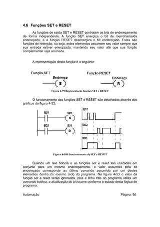 4.6 Funções SET e RESET
As funções de saída SET e RESET controlam os bits de endereçamento
de forma independente. A função SET energiza o bit de memória/saída
endereçado, e a função RESET desenergiza o bit endereçado. Estas são
funções de retenção, ou seja, estes elementos assumem seu valor sempre que
sua entrada estiver energizada, mantendo seu valor até que sua função
complementar seja acionada.
A representação desta função é a seguinte:

Figura 4-99 Representação funções SET e RESET

O funcionamento das funções SET e RESET são detalhados através dos
gráficos da figura 4-32.

Figura 4-100 Funcionamento de SET e RESET

Quando um relê bobina e as funções set e reset são utilizadas em
conjunto para um mesmo endereçamento, o valor assumido pelo bit
endereçado corresponde ao último comando assumido por um destes
elementos dentro do mesmo ciclo do programa. Na figura 4-33 o valor da
função set e reset serão ignorados, pois a linha três do programa utiliza um
comando bobina, a atualização do bit ocorre conforme o estado desta lógica de
programa.
Automação

Página: 95

 