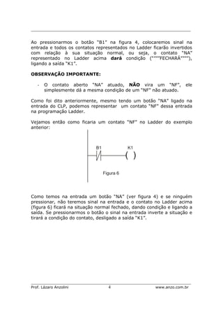 _________________________________________________________________________
_____________________________________________________________________
Prof. Lázaro Anzolini 4 www.anzo.com.br
Ao pressionarmos o botão “B1” na figura 4, colocaremos sinal na
entrada e todos os contatos representados no Ladder ficarão invertidos
com relação à sua situação normal, ou seja, o contato “NA”
representado no Ladder acima dará condição (“”””FECHARÁ””””),
ligando a saída “K1”.
OBSERVAÇÃO IMPORTANTE:
- O contato aberto “NA” atuado, NÃO vira um “NF”, ele
simplesmente dá a mesma condição de um “NF” não atuado.
Como foi dito anteriormente, mesmo tendo um botão “NA” ligado na
entrada do CLP, podemos representar um contato “NF” dessa entrada
na programação Ladder.
Vejamos então como ficaria um contato “NF” no Ladder do exemplo
anterior:
Como temos na entrada um botão “NA” (ver figura 4) e se ninguém
pressionar, não teremos sinal na entrada e o contato no Ladder acima
(figura 6) ficará na situação normal fechado, dando condição e ligando a
saída. Se pressionarmos o botão o sinal na entrada inverte a situação e
tirará a condição do contato, desligado a saída “K1”.
 