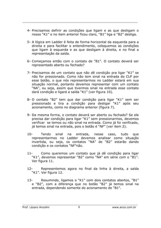 _________________________________________________________________________
_____________________________________________________________________
Prof. Lázaro Anzolini 8 www.anzo.com.br
4- Precisamos definir as condições que ligam e as que desligam o
nosso “K1” e no item anterior ficou claro, “B1” liga e “B2” desliga.
5- A lógica em Ladder é feita de forma horizontal da esquerda para a
direita e para facilitar o entendimento, coloquemos as condições
que ligam à esquerda e as que desligam à direita, e no final a
representação da saída.
6- Começamos então com o contato de “B1”. O contato deverá ser
representado aberto ou fechado?
7- Precisamos de um contato que não dê condição pra ligar “K1” se
não for pressionado. Como não tem sinal na entrada do CLP por
esse botão, o que nós representarmos no Ladder estará em sua
situação normal, portanto devemos representar com um contato
“NA”, ou seja, assim que tivermos sinal na entrada esse contato
dará condição e ligará a saída “K1” (ver figura 10).
8- O contato “B2” tem que dar condição para ligar “K1” sem ser
pressionado e tira a condição para desligar “K1” após seu
acionamento, como no diagrama anterior (figura 7).
9- Da mesma forma, o contato deverá ser aberto ou fechado? Se ele
precisa dar condição para ligar “K1” sem pressionarmos, devemos
verificar se temos ou não sinal na entrada. Como já foi verificado,
já temos sinal na entrada, pois o botão é “NF” (ver item 2).
10- Tendo sinal na entrada, nesse caso, tudo que
representarmos no Ladder devemos analisar como situação
invertida, ou seja, os contatos “NA” de “B2” estarão dando
condição e os contatos “NF”não.
11- Como queremos um contato que já dê condição para ligar
“K1”, devemos representar “B2” como “NA” em série com o “B1”.
Ver figura 11.
12- Representemos agora no final da linha à direita, a saída
“K1”. Ver figura 12.
13- Resumindo, ligamos o “K1” com dois contatos abertos, “B1”
e “B2”, com a diferença que no botão “B2” já temos sinal na
entrada, dependendo somente do acionamento de “B1”.
 