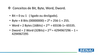  Conceitos de Bit, Byte, Word, Dword.
• Bit = 0 ou 1 ( ligado ou desligado).
• Byte = 8 Bits (00000000) = 28 = 256-1 = 255.
• Word = 2 Bytes (16Bits) = 216 = 65536-1= 65535.
• Dword = 2 Word (32Bits) = 232 = 4294967296 – 1 =
4294967295
 