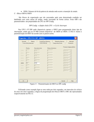 giovanni_magela@yahoo.com Página 15
 SING: Número do bit da palavra de entrada onde ocorre a transição de estado.
C – Bloco OB30 à OB38
São blocos de organização que são executados após uma determinada condição ser
habilitada com certo atraso de tempo, sendo executado de forma cíclica. Estes OB’s são
parametrizados nas propriedades da CPU no HW Config.
HW Config  (duplo click) CPU  Cyclic Interrupts
Nas CPU´s S7-300 estão disponíveis apenas o OB35 para programação deste tipo de
interrupção, sendo que no S7-400 existem disponível do OB30 ao OB38. A FIG.11 ilustra a
parametrização do OB35 de acordo com os passos acima.
Figura 11 – Parametrização do OB35 no HW config
Utilizando como exemplo ligar-se uma saída por dois segundos, em intervalos de cíclicos
de cinco em cinco segundos, a lógica de programação dos blocos OB35 e OB1 são representados
respectivamente na FIG.12.
 