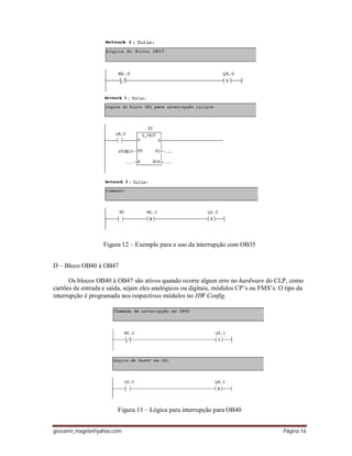 giovanni_magela@yahoo.com Página 16
Figura 12 – Exemplo para o uso da interrupção com OB35
D – Bloco OB40 à OB47
Os blocos OB40 à OB47 são ativos quando ocorre algum erro no hardware do CLP, como
cartões de entrada e saída, sejam eles analógicos ou digitais, módulos CP’s ou FMS’s. O tipo da
interrupção é programada nos respectivos módulos no HW Config.
Figura 13 – Lógica para interrupção para OB40
 