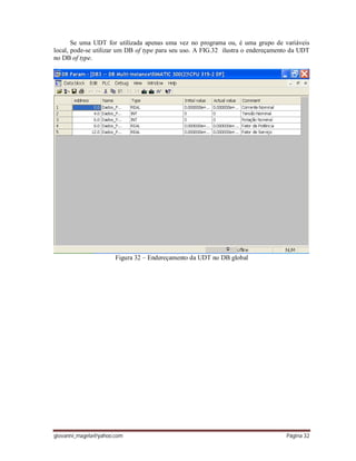 giovanni_magela@yahoo.com Página 32
Se uma UDT for utilizada apenas uma vez no programa ou, é uma grupo de variáveis
local, pode-se utilizar um DB of type para seu uso. A FIG.32 ilustra o endereçamento da UDT
no DB of type.
Figura 32 – Endereçamento da UDT no DB global
 