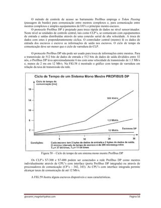 giovanni_magela@yahoo.com Página 58
O método de controle de acesso ao barramento Profibus emprega o Token Passing
(passagem de bastão) para comunicação entre mestres complexos e, para comunicação entre
mestres complexos e simples equipamentos de I/O’s o princípio mestre-escravo.
O protocolo Profibus DP é projetado para troca rápida de dados no nível sensor/atuador.
Neste nível as unidades de controle central, tais como CLP’s, se comunicam com equipamentos
de entrada e saídas distribuídas através de uma conexão serial de alta velocidade. A troca de
dados com estes é preponderantemente cíclica. O controlador central (mestre) lê os dados de
entrada dos escravos e escreve as informações de saída nos escravos. O ciclo de tempo da
comunicação deve ser menor que o ciclo de varredura do CLP.
O protocolo Profibus DP não pode ser usado para troca de informações entre mestres. Para
a transmissão de 512 bits de dados de entrada e 512 bits de dados de saída divididos entre 32
nós, o Profibus DP leva aproximadamente 6 ms com uma velocidade de transmissão de 1.5 Mb/s
e, menos de 2 ms em 12 Mb/s. Na FIG.58 é mostrado o gráfico com tempo de varredura em
relação da taxa de transmissão da rede.
Figura 58 – Ciclo de tempo de um sistema mono mestre Profibus DP
Os CLP’s S7-300 e S7-400 podem ser conectados a rede Profibus DP como mestres
individualmente através de CPU’s com interface (porta Profibus DP integrada) ou através de
processadores de comunicação (CP’s – 342, 343). As CPU’s com interface integrada permite
alcançar taxas de comunicação de até 12 Mb/s.
A FIG.59 ilustra alguns escravos disponíveis e suas características.
 