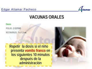 Dosis
POLIO: 2 GOTAS
ROTAVIRUS: 1 ó 1,5 ml.
VACUNAS ORALES
Repetir la dosis si el niño
presenta vomito franco en
los siguientes 10 minutos
después de la
administración
 