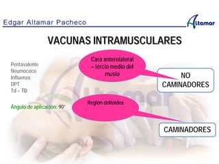 NO
CAMINADORES
VACUNAS INTRAMUSCULARES
Pentavalente
Neumococo
Influenza
DPT
Td – TD
Ángulo de aplicación: 90°
Cara anterolateral
– tercio medio del
muslo
Región deltoidea
CAMINADORES
 