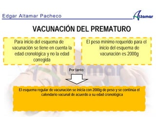 VACUNACIÓN DEL PREMATURO
Para inicio del esquema de
vacunación se tiene en cuenta la
edad cronológica y no la edad
corregida
El peso mínimo requerido para el
inicio del esquema de
vacunación es 2000g
El esquema regular de vacunación se inicia con 2000g de peso y se continúa el
calendario vacunal de acuerdo a su edad cronológica
Por tanto:
 