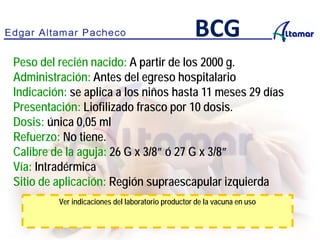 Peso del recién nacido: A partir de los 2000 g.
Administración: Antes del egreso hospitalario
Indicación: se aplica a los niños hasta 11 meses 29 días
Presentación: Liofilizado frasco por 10 dosis.
Dosis: única 0,05 ml
Refuerzo: No tiene.
Calibre de la aguja: 26 G x 3/8” ó 27 G x 3/8”
Vía: Intradérmica
Sitio de aplicación: Región supraescapular izquierda
BCG
Ver indicaciones del laboratorio productor de la vacuna en uso
 