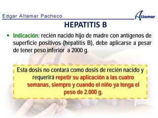  Indicación: recién nacido hijo de madre con antígenos de
superficie positivos (hepatitis B), debe aplicarse a pesar
de tener peso inferior a 2000 g.
HEPATITIS B
Esta dosis no contará como dosis de recién nacido y
requerirá repetir su aplicación a las cuatro
semanas, siempre y cuando el niño ya tenga el
peso de 2.000 g.
 