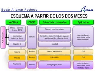 ESQUEMA A PARTIR DE LOS DOS MESES
VACUNA DOSIS Enfermedad prevenible Aplicación
Difteria - tosferina -
tétanos (DPT)
Rotavirus
Primera
Intramuscular cara
anterolateral, tercio
medio del muslo.
Haemophilus
influenzae tipo b
Hepatitis B
Difteria - tosferina - tétanos
Meningitis y otras enfermedades causadas
por Haemophilus influenzae tipo b
Hepatitis B
PENTAVALENTE
Primera Diarrea por Rotavirus Oral
Antipolio Primera Poliomielitis Oral
Neumococo Primera Meningitis y neumonía
Intramuscular cara
anterolateral, tercio
medio del muslo
 