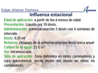 Edad de aplicación: a partir de los 6 meses de edad.
Presentación: Líquida por 10 dosis.
Administración: primovacunación 2 dosis con 4 semanas de
intervalo.
Dosis: 0,25 ml
Refuerzo: Después de la primovacunación dosis única anual
Calibre de la aguja: 23 G x1
Vía: intramuscular.
Sitio de aplicación: Zona deltoidea en niños caminadores y
cara anterolateral, tercio medio del muslo en niños no
caminadores.
Influenza estacional
 
