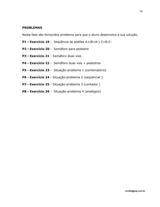 PROBLEMAS
Nesta fase são fornecidos problema para que o aluno desenvolva a sua solução.
P1 - Exercício 19 - Seqüência de pistões A+(B+A-) C+B-C-
P2 - Exercício 20 - Semáforo para pedestre
P3 - Exercício 21 - Semáforo duas vias
P4 - Exercício 22 - Semáforo duas vias + pedestres
P5 - Exercício 23 - Situação-problema 1 (combinatório)
P6 - Exercício 24 - Situação-problema 2 (seqüëncial )
P7 - Exercício 25 - Situação-problema 3 (contador )
P8 - Exercício 26 - Situação-problema 4 (analógico)
ctruffa@pop.com.br
16
 