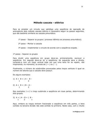 Método cascata - elétrico
Para se projetar um circuito que satisfaça uma seqüência de operação de
acionadores pelo método cascata elétrico é necessário seguir os passos seguintes,
que são bastante similares ao cascata pneumático.
1º passo - Separar os grupos ( processo idêntico ao processo pneumático).
2º passo - Montar a cascata
3º passo - Implementar o circuito de acordo com a seqüência exigida.
1º passo - Separar os grupos
Para dividir uma seqüência em grupo deve-se, primeiramente, escrever a
seqüência. Em seguida deve-se ler a seqüência, da esquerda para a direita,
cortando-a com um traço vertical toda vez que uma letra for se repetir, não
importando, no momento, os sinais de ( + ) ou ( - ).
Finalmente, o número de subdivisões provocadas pelos traços verticais é igual ao
número de setores que a cascata deve possuir.
Eis alguns exemplos:
1) A + B + | A – B –
1 2
2) A + B + | B – A –
1 2
Nos exemplos 1 e 2 o traço subdivide a seqüência em duas partes, determinando
dois grupos.
3) A + | A – B + | B –
1 2 1
Aqui, embora os traços tenham fracionado a seqüência em três partes, a letra
contida na terceira divisão não está contida na primeira. Neste caso, com o intuito
ctruffa@pop.com.br
18
 