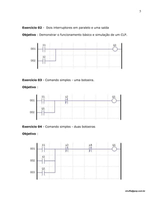 Exercício 02 - Dois interruptores em paralelo e uma saída
Objetivo : Demonstrar o funcionamento básico e simulação de um CLP.
Exercício 03 - Comando simples - uma botoeira.
Objetivo :
Exercício 04 - Comando simples - duas botoeiras
Objetivo :
ctruffa@pop.com.br
5
 
