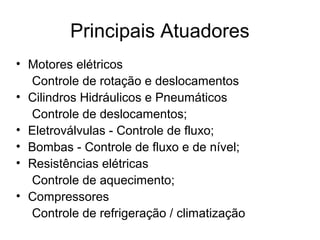 Principais Atuadores
• Motores elétricos
Controle de rotação e deslocamentos
• Cilindros Hidráulicos e Pneumáticos
Controle de deslocamentos;
• Eletroválvulas - Controle de fluxo;
• Bombas - Controle de fluxo e de nível;
• Resistências elétricas
Controle de aquecimento;
• Compressores
Controle de refrigeração / climatização
 
