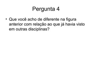 Pergunta 4
• Que você acho de diferente na figura
anterior com relação ao que já havia visto
em outras disciplinas?
 