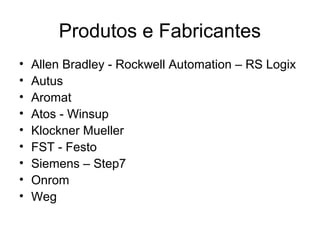 Produtos e Fabricantes
• Allen Bradley - Rockwell Automation – RS Logix
• Autus
• Aromat
• Atos - Winsup
• Klockner Mueller
• FST - Festo
• Siemens – Step7
• Onrom
• Weg
 
