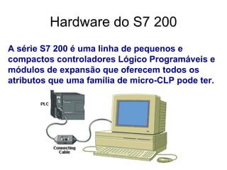 A série S7 200 é uma linha de pequenos e
compactos controladores Lógico Programáveis e
módulos de expansão que oferecem todos os
atributos que uma família de micro-CLP pode ter.
Hardware do S7 200
 