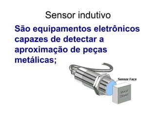 São equipamentos eletrônicos
capazes de detectar a
aproximação de peças
metálicas;
Sensor indutivo
 