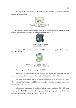 30 
Na Figura 2.9 é mostrado o CLP Clic-02 do fabricante WEG que se enquadra na categoria de pequeno porte. 
Figura 2.9 – CLP WEG Clic-02 
Fonte: WEG (2008). 
O fabricante Siemens possui também um CLP de pequeno porte o LOGO o qual será utilizado neste trabalho, é possível ver sua aparência na Figura 2.10. 
Figura 2.10 – CLP LOGO 
Fonte: SIEMENS (2008). 
A Figura 2.11 mostra a versão de CLP de pequeno porte do fabricante TELEMECANIQUE. 
Figura 2.11 – CLP Zelio Logic – SR2 / SR3 
Fonte: TELEMECANIQUE (2008). 
2.8 Linguagem de programação de CLPs 
Linguagem de programação é um conjunto padronizado de instruções que um sistema computacional é capaz de reconhecer (FRANCHI, CAMARGO, 2008). 
No início da década de 1990, o IEC publicou várias partes da norma IEC 1131 que cobre o ciclo de vida completo dos CLPs. Essa norma é considerada, por alguns autores, um marco histórico para os CLPs. 
Alguns anos depois essa norma foi revisada e recebeu o número IEC 61131 cuja terceira parte - IEC 61131-3 - trata das linguagens de programação. Com o objetivo de simplificar a sua análise (FRANCHI, CAMARGO, 2008).  