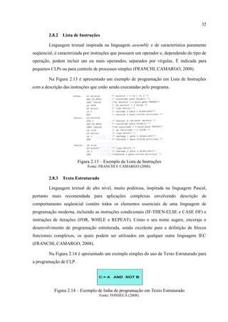32 
2.8.2 Lista de Instruções 
Linguagem textual inspirada na linguagem assembly e de característica puramente seqüencial, é caracterizada por instruções que possuem um operador e, dependendo do tipo de operação, podem incluir um ou mais operandos, separados por vírgulas. É indicada para pequenos CLPs ou para controle de processos simples (FRANCHI, CAMARGO, 2008). 
Na Figura 2.13 é apresentado um exemplo de programação em Lista de Instruções com a descrição das instruções que estão sendo executadas pelo programa. 
Figura 2.13 – Exemplo de Lista de Instruções 
Fonte: FRANCHI E CAMARGO (2008). 
2.8.3 Texto Estruturado 
Linguagem textual de alto nível, muito poderosa, inspirada na linguagem Pascal, portanto mais recomendada para aplicações complexas envolvendo descrição de comportamento seqüencial contém todos os elementos essenciais de uma linguagem de programação moderna, incluindo as instruções condicionais (IF-THEN-ELSE e CASE OF) e instruções de iterações (FOR, WHILE e REPEAT). Como o seu nome sugere, encoraja o desenvolvimento de programação estruturada, sendo excelente para a definição de blocos funcionais complexos, os quais podem ser utilizados em qualquer outra linguagem IEC (FRANCHI, CAMARGO, 2008). 
Na Figura 2.14 é apresentado um exemplo simples do uso de Texto Estruturado para a programação de CLP. 
Figura 2.14 – Exemplo de linha de programação em Texto Estruturado 
Fonte: FONSECA (2008).  
