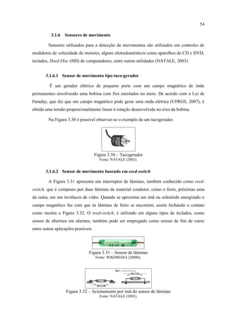 54 
3.1.6 Sensores de movimento 
Sensores utilizados para a detecção de movimentos são utilizados em controles de medidores de velocidade de motores, alguns eletrodomésticos como aparelhos de CD e DVD, teclados, Hard Disc (HD) de computadores, entre outras utilidades (NATALE, 2003). 
3.1.6.1 Sensor de movimento tipo taco-gerador 
É um gerador elétrico de pequeno porte com um campo magnético de imãs permanentes envolvendo uma bobina com fios enrolados no meio. De acordo com a Lei de Faraday, que diz que um campo magnético pode gerar uma onda elétrica (UFRGS, 2007), é obtida uma tensão proporcionalmente linear à rotação desenvolvida no eixo da bobina. 
Na Figura 3.30 é possível observar-se o exemplo de um tacogerador. 
Figura 3.30 – Tacogerador 
Fonte: NATALE (2003). 
3.1.6.2 Sensor de movimento baseado em reed-switch 
A Figura 3.31 apresenta um interruptor de lâminas, também conhecido como reed- switch, que é composto por duas lâminas de material condutor, como o ferro, próximas uma da outra, em um invólucro de vidro. Quando se aproxima um imã ou solenóide energizado o campo magnético faz com que às lâminas de ferro se encostem, assim fechando o contato como mostra a Figura 3.32. O reed-switch, é utilizado em alguns tipos de teclados, como sensor de abertura em alarmes, também pode ser empregado como sensor de fim de curso entre outras aplicações possíveis. 
Figura 3.31 – Sensor de lâminas 
Fonte: WIKIMEDIA (2008b). 
Figura 3.32 – Acionamento por imã do sensor de lâminas 
Fonte: NATALE (2003).  