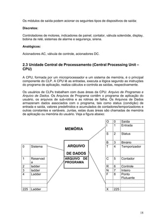 Os módulos de saída podem acionar os seguintes tipos de dispositivos de saída:

Discretos:

Controladores de motores, indicadores de painel, contator, válvula solenóide, display,
bobina de relé, sistemas de alarme e segurança, sirena.

Analógicos:

Acionadores AC, válvula de controle, acionadores DC.


2.3 Unidade Central de Processamento (Central Processing Unit –
CPU)

A CPU, formada por um microprocessador e um sistema de memória, é o principal
componente do CLP. A CPU lê as entradas, executa a lógica segundo as instruções
do programa de aplicação, realiza cálculos e controla as saídas, respectivamente.

Os usuários de CLPs trabalham com duas áreas da CPU: Arquivo de Programas e
Arquivo de Dados. Os Arquivos de Programa contêm o programa de aplicação do
usuário, os arquivos de sub-rotina e as rotinas de falha. Os Arquivos de Dados
armazenam dados associados com o programa, tais como status (condição) de
entrada e saída, valores predefinidos e acumulados de contadores/temporizadores e
outras constantes e variáveis. Juntas, estas duas áreas são chamadas de memória
de aplicação ou memória do usuário. Veja a figura abaixo:

                                                           O    0     Saída
                                                           I    1     Entrada
                              MEMÓRIA
                                                           S    2     Status

                                                           B    3     Binário
0     Sistema                   ARQUIVO                    T    4     Temporizador

                               DE DADOS
1     Reservad                ARQUIVO DE                   C    5     Contador
      a                       PROGRAMA
2     ladder                                               R    6     Controle
3     ladder                                               N    7     Inteiro
4     Ladder                                               F    8     Ponto
                                                                      Flutuante


225 Ladder                                                 X    225




                                                                                   18
 