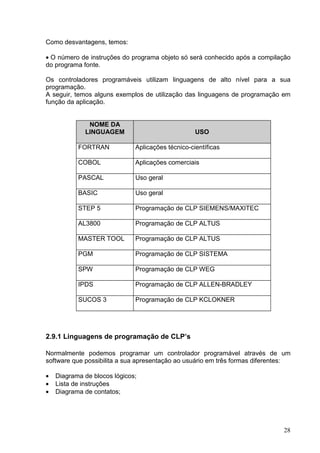 Como desvantagens, temos:

• O número de instruções do programa objeto só será conhecido após a compilação
do programa fonte.

Os controladores programáveis utilizam linguagens de alto nível para a sua
programação.
A seguir, temos alguns exemplos de utilização das linguagens de programação em
função da aplicação.


              NOME DA
             LINGUAGEM                             USO

           FORTRAN            Aplicações técnico-científicas

           COBOL              Aplicações comerciais

           PASCAL             Uso geral

           BASIC              Uso geral

           STEP 5             Programação de CLP SIEMENS/MAXITEC

           AL3800             Programação de CLP ALTUS

           MASTER TOOL        Programação de CLP ALTUS

           PGM                Programação de CLP SISTEMA

           SPW                Programação de CLP WEG

           IPDS               Programação de CLP ALLEN-BRADLEY

           SUCOS 3            Programação de CLP KCLOKNER




2.9.1 Linguagens de programação de CLP’s

Normalmente podemos programar um controlador programável através de um
software que possibilita a sua apresentação ao usuário em três formas diferentes:

•   Diagrama de blocos lógicos;
•   Lista de instruções
•   Diagrama de contatos;




                                                                              28
 