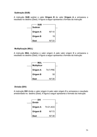 Subtração (SUB)

A instrução SUB subtrai o valor Origem B do valor Origem A e armazena o
resultado no destino (Dest). A figura a seguir apresenta o formato da instrução

                         SUB
                    Subtrair

                    Origem A           N7:10

                    Origem B              19

                    Dest               N7:33



Multiplicação (MUL)

A instrução MUL multiplica o valor origem A pelo valor origem B e armazena o
resultado no destino (Dest). A figura a seguir apresenta o formato da instrução


                         MUL
                    Multiplicar

                    Origem A       T4:7.PRE

                    Origem B              50

                    Dest               N7:39



Divisão (DIV)

A instrução DIV divide o valor origem A pelo valor origem B e armazena o resultado
arredondado no destino (Dest). A figura a seguir apresenta o formato da instrução


                          DIV
                    Dividir

                    Origem A      T4:21.ACC

                    Origem B           N7:73

                    Dest               N7:39




                                                                               56
 