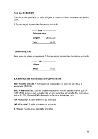 Raiz Quadrada (SQR)

Calcula a raiz quadrada do valor Origem e coloca o inteiro resultante no destino
Dest.

A figura a seguir apresenta o formato da instrução


                          SQR
                     Raiz quadrada

                     Origem         C5:10.ACC

                     Dest                N7:76



Zeramento (CLR)

Zera todos os bits de uma palavra. A figura a seguir apresenta o formato da instrução

                         CLR
                     Limpar

                      Dest               N7:90




5.4.2 Instruções Matemáticas do CLP Siemens

EN = Habilita entrada. A instrução será executada se e somente se o RLO é
verdadeiro (RLO=1).

ENO = Habilita saída. A saída Enable output tem o mesmo estado de sinal que EN
(EM=ENO), a menos que tenha havido um erro durante a conversão. Por exemplo, a
instrução DIV_I fornece ENO=0 quando se faz uma divisão por zero.

IN1 = Entrada 1 1. valor aritmético da instrução

IN2 = Entrada 2 2. valor aritmético da instrução

0 = Saída Resultado da operação aritmética




                                                                                  57
 