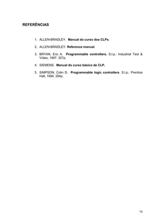 REFERÊNCIAS


     1. ALLEN-BRADLEY. Manual do curso dos CLPs.

     2. ALLEN-BRADLEY. Reference manual.

     3. BRYAN, Eric A. Programmable controllers. S.l.p.: Industrial Text &
        Vídeo, 1997. 327p.

     4. SIEMENS. Manual do curso básico de CLP.

     5. SIMPSON, Colin D. Programmable logic controllers. S.l.p.: Prentice
        Hall, 1994. 294p.




                                                                       70
 