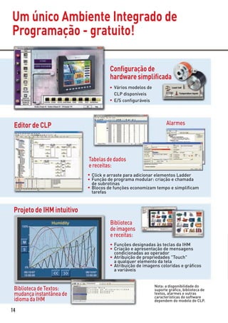 Um único Ambiente Integrado de
Programação - gratuito!

                                     Conﬁguração de
                                     hardware simpliﬁcada
                                      Vários modelos de
                                      CLP disponíveis
                                      E/S conﬁguráveis




 Editor de CLP                                                  Alarmes




                            Tabelas de dados
                            e receitas:
                             Click e arraste para adicionar elementos Ladder
                             Função de programa modular: criação e chamada
                             de subrotinas
                             Blocos de funções economizam tempo e simpliﬁcam
                             tarefas



 Projeto de IHM intuitivo
                                     Biblioteca
                                     de imagens
                                     e receitas:
                                      Funções designadas às teclas da IHM
                                      Criação e apresentação de mensagens
                                      condicionadas ao operador
                                      Atribuição de propriedades "Touch"
                                      a qualquer elemento da tela
                                      Atribuição de imagens coloridas e gráﬁcos
                                      a variáveis


                                                          Nota: a disponibilidade do
 Biblioteca de Textos:                                    suporte gráﬁco, biblioteca de
 mudança instantânea de                                   textos, alarmes e outras
                                                          características do software
 idioma da IHM                                            dependem do modelo de CLP.

14
 