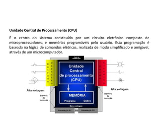 Unidade Central de Processamento (CPU)
É o centro do sistema constituído por um circuito eletrônico composto de
microprocessadores, e memórias programáveis pelo usuário. Esta programação é
baseada na lógica de comandos elétricos, realizada de modo simplificado e amigável,
através de um microcomputador.
 
