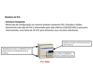 Modelos de PLC

Estrutura Compacta
Neste tipo de configuração um mesmo produto comporta CPU, Entradas e Saídas.
Geralmente este tipo de PLC é alimentado pela rede elétrica (110/220 VAC) e possuem,
internamente, uma fonte de 24 VCC para alimentar seus circuitos eletrônicos.
 