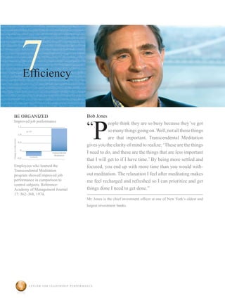 7   Efficiency




                                                                      P
     BE ORGANIZED                                               Bob Jones

                                                                “
     Improved job performance
                                                                            eople think they are so busy because they’ve got
                         1.2
                                p<.01                                       so many things going on. Well, not all those things
                         o.8
                                                                            are that important. Transcendental Meditation
Change in scale scores




                         0.4
                                                                gives you the clarity of mind to realize: ‘These are the things
                           0
                                              Transcendental    I need to do, and these are the things that are less important
                                                Meditation
                                  Controls
                         -0.4
                                                                that I will get to if I have time.’ By being more settled and
     Employees who learned the                                  focused, you end up with more time than you would with-
     Transcendental Meditation
     program showed improved job                                out meditation. The relaxation I feel after meditating makes
     performance in comparison to                               me feel recharged and refreshed so I can prioritize and get
     control subjects. Reference:
     Academy of Management Journal                              things done I need to get done.”
     17: 362–368, 1974.
                                                                Mr. Jones is the chief investment officer at one of New York’s oldest and
                                                                largest investment banks.




                                  Center for Leadership performanCe
 