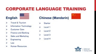 CORPORATE LANGUAGE TRAINING
English
 Travel & Tourism
 Information Technology
 Customer Care
 Finance and Banking
 Sales and Marketing
 Engineering
 Law
 Human Resources
Chinese (Mandarin)
 Starter
 Level 1
 Level 2
 Level 3
 Level 4
 