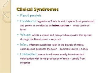 Clinical Syndromes Flaccid paralysis Food-borne:  ingestion of foods in which spores have germinated and grown in, considered an  intoxication  –  most common form Wound:  infects a wound and then produces toxins that spread through the bloodstream – very rare Infant:  infection establishes itself in the bowels of infants, colonizes and produces the toxin – common source is honey Unidentified:  source is unknown, usually from intestinal colonization with  in vivo  production of toxin – usually from surgeries 