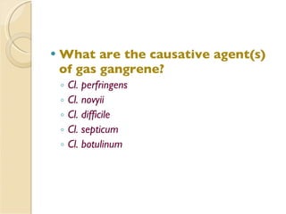 What are the causative agent(s) of gas gangrene? Cl. perfringens Cl. novyii Cl. difficile Cl. septicum Cl. botulinum 